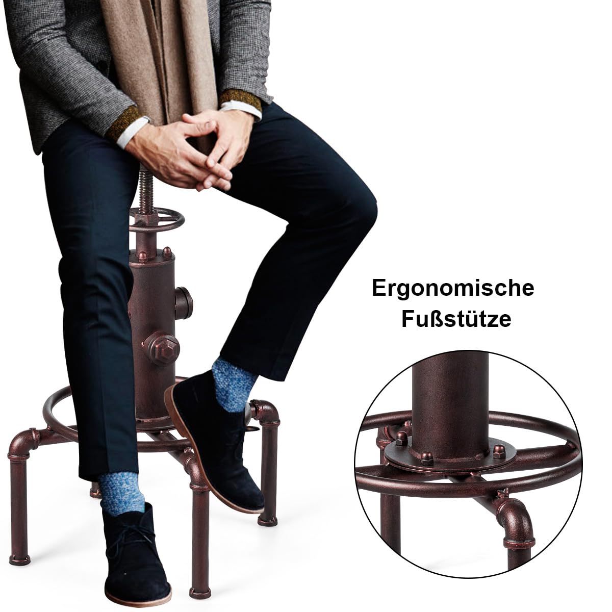 COSTWAY bar stool adjustable height, 59.5-75 cm, wooden and metal bar chair, counter stool with footrest, pine wood seat, vintage bistro stool, industrial kitchen stool for restaurants, cafes.