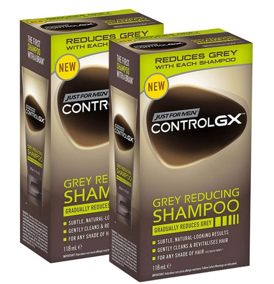 Just For Men Control GX - Gray-reducing shampoo for gray hair, with coconut oil and aloe vera, new improved formula, all shades, 118 ml x 2 units - Pack Promo