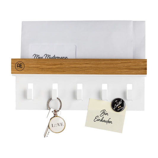 AE Günther® Key Rack Wood - White Steel Key Holder - Oak Key Board - Key Organizer with Tray - Keyring - Key Box - Wall Organizer - Key Rack (White)