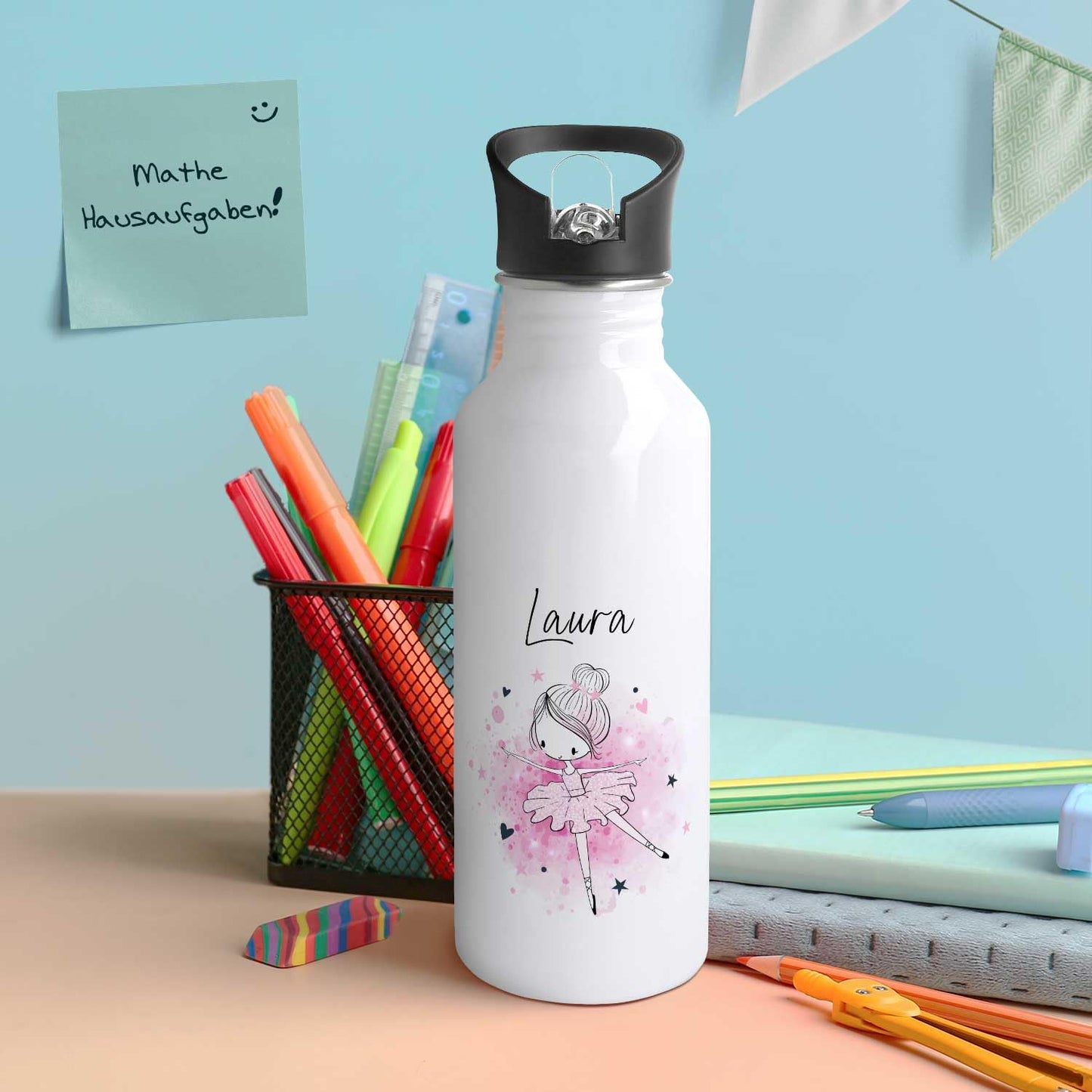 ENGRAVING LINE - Stainless steel water bottle - Ballerina design - Personalized with name - 600 ml - Leak-proof with flip-up spout and integrated straw.