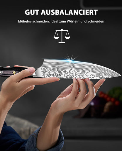 MOSFiATA chef's knife, kitchen knife, meat knife professional 20CM made of EN.4116 German stainless steel sharp blade ergonomic with finger guard and knife sharpener in gift box.