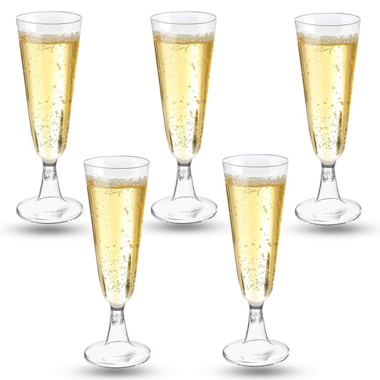 Plastic champagne flute glasses, set of 50. 150ml capacity, reusable. Great for weddings, birthdays, picnics, and parties. Size: 16 x 5.5 cm. Transparent.