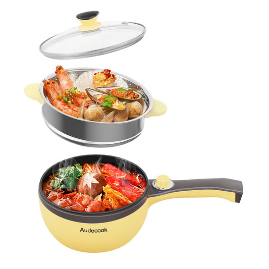Audecook Electric Hot Pot with Steamer, 1.5 L/20cm Electric Frying Pan Hotpot Pot Non-stick Mini Electric Skillet, Multicooker for Dorm Ramen, Steak (B (yellow/1.5l with steamer))
