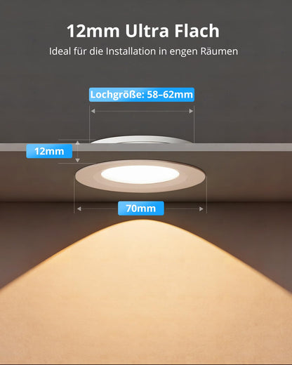 Gr4tec 6-pack of dimmable 12V LED recessed lights, IP44 aluminum LED spot warm white 3000K 84Ra 3W, ultra-thin 12mm furniture recessed light, hole 58-62mm, 12V ceiling spots for RV camper boat closet.