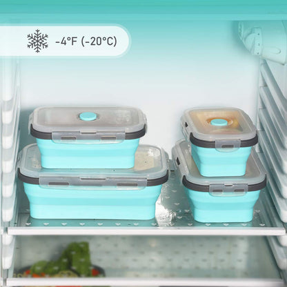 Collapsible silicone storage container with lid, portable bento box for space-saving, microwave-safe, set of 4, blue and grey.