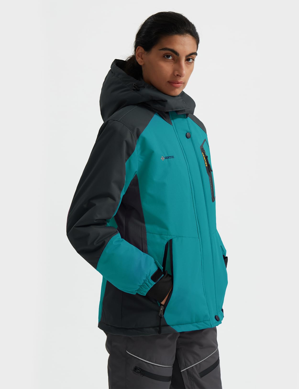 GEMYSE Women's Ski Jacket Waterproof Windproof Rain Jacket Hiking Jacket Hardshell Jacket with Hood for Winter (Acid Blue Gray, S)