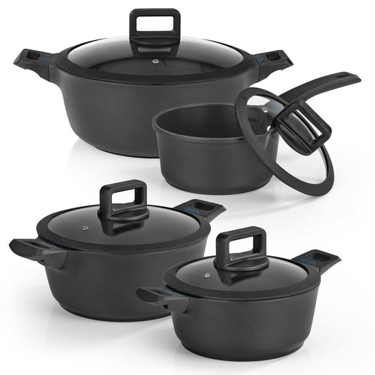 N8WERK Aluminum Cookware Set, 3x Pots ⌀20, 24, 28 cm, 1x Saucepan ⌀18 cm | Color-change temperature indicator, Lid with silicone rim, 3x Ilag Ultimate coating | Suitable for all types of stoves.