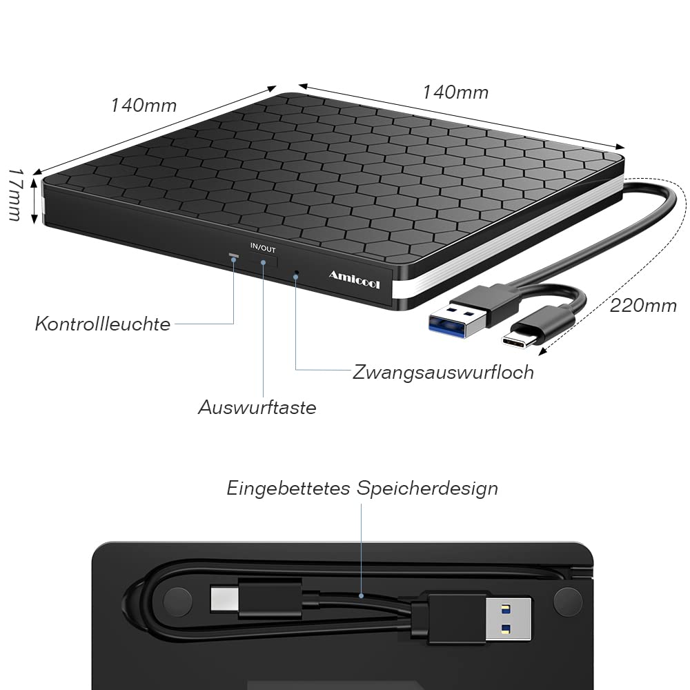 Amicool External DVD Drive, USB 3.0 Type-C CD DVD +/-RW Optical Drive USB C Burner Slim CD/DVD ROM Rewriter Writer Reader Portable for PC Laptop Desktop MacBook Mac Windows 7/8.1/10 Linux OS Apple