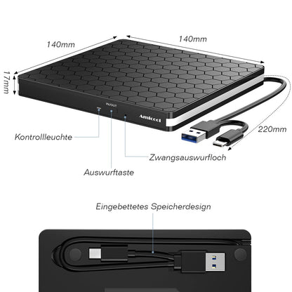 Amicool External DVD Drive, USB 3.0 Type-C CD DVD +/-RW Optical Drive USB C Burner Slim CD/DVD ROM Rewriter Writer Reader Portable for PC Laptop Desktop MacBook Mac Windows 7/8.1/10 Linux OS Apple