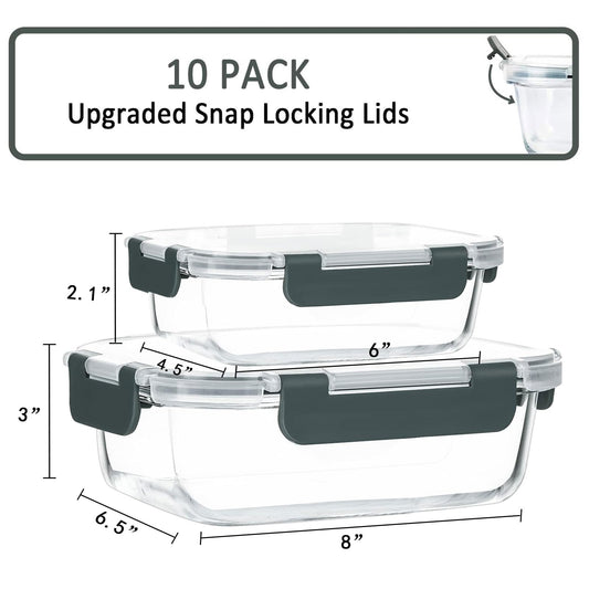 MCIRCO Glass Food Storage Containers Set, 20 pieces (10 containers, 10 lids), Dishwasher Safe, Microwave & Freezer Safe, Leakproof, Modern, Food Storage Containers, Food Storage.
