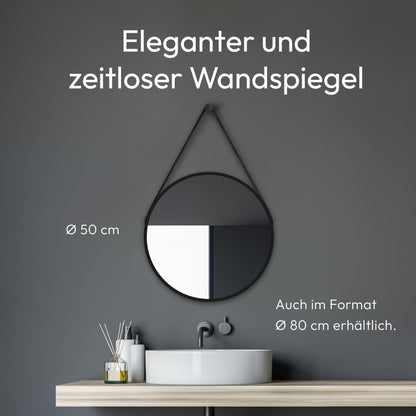 Talos Black Style round Ø 50 cm - Round bathroom mirror in matte black with aluminum frame - Wall mirror with leather-look band - High-quality bathroom mirror for a modern atmosphere
