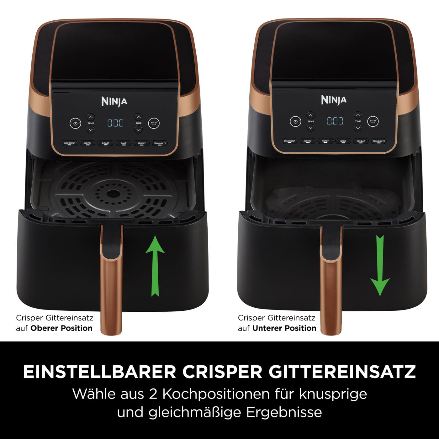 Ninja Max Pro Hot Air Fryer, 6.2L, oil-free, large drawer, roast, bake, air fry, non-stick coated, dishwasher-safe basket & crisper grid insert, silicone tongs, black/copper, AF180EUCP