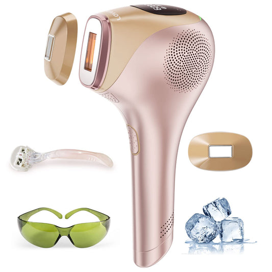 IPL hair removal device with ice-cooling function, 600,000 light pulses for permanent visible hair removal on body, face, bikini zone.