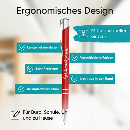 Polar effect 20 red metal pens with engraving - great birthday gift idea - promotional item - refillable jumbo ink cartridge - blue ink.