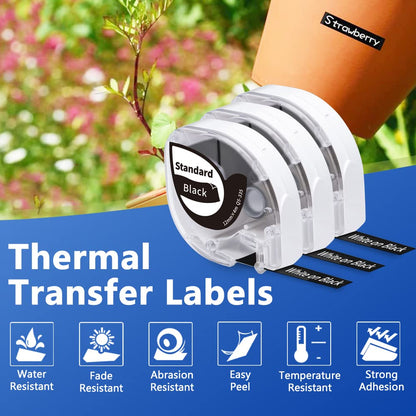 Phomemo P12/P12 Pro/LT12 label tape compatible with Dymo label tape 12mm x 4m, thermal transfer labels white on black Q5-335 durable heat-resistant compatible with Dymo LetraTag LT-100H LT-100T