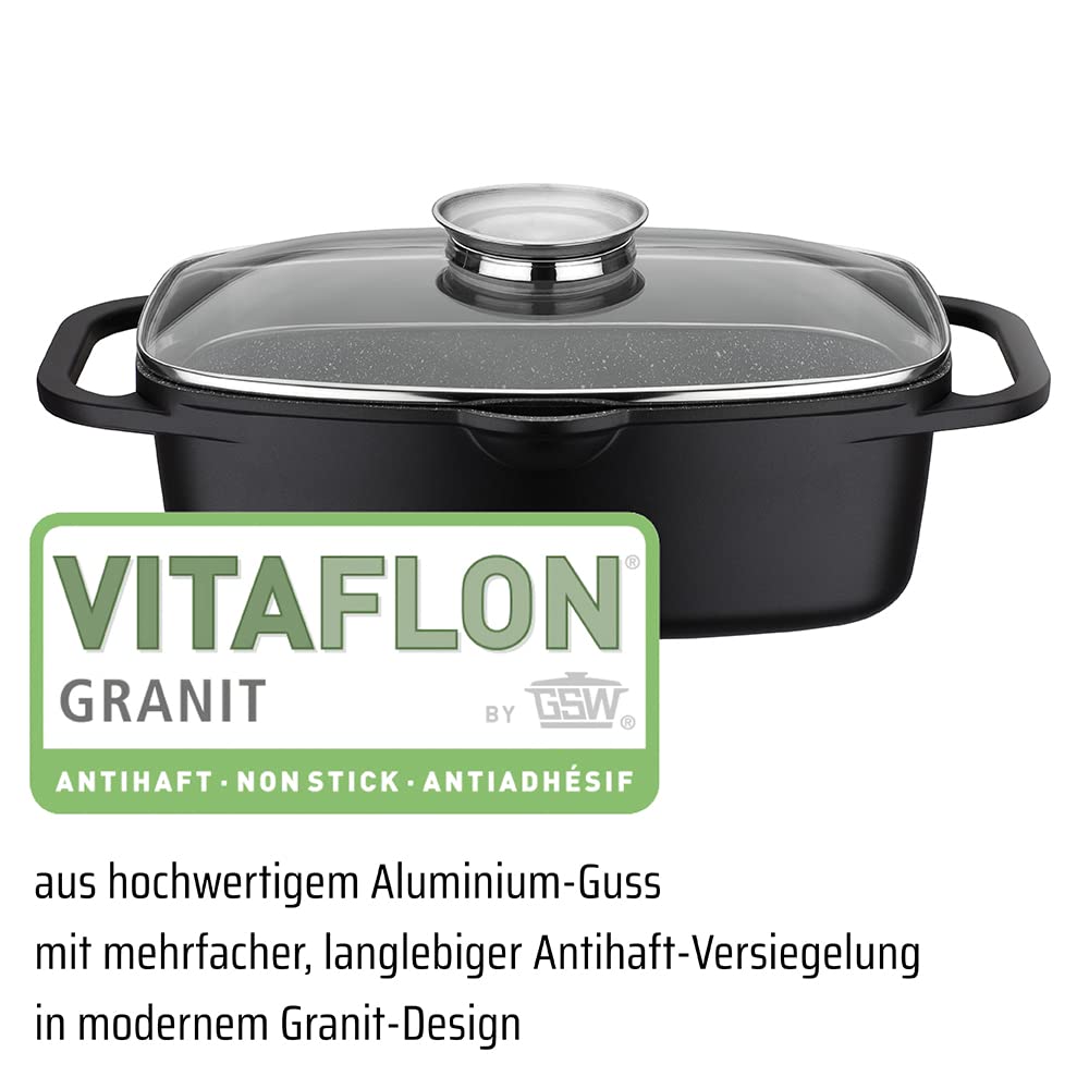 GSW universal roaster gourmet granite - high-quality roaster with lid, perfect for stewing, grilling, and roasting, suitable for induction and oven use - black, cast aluminum, 6 liters.
