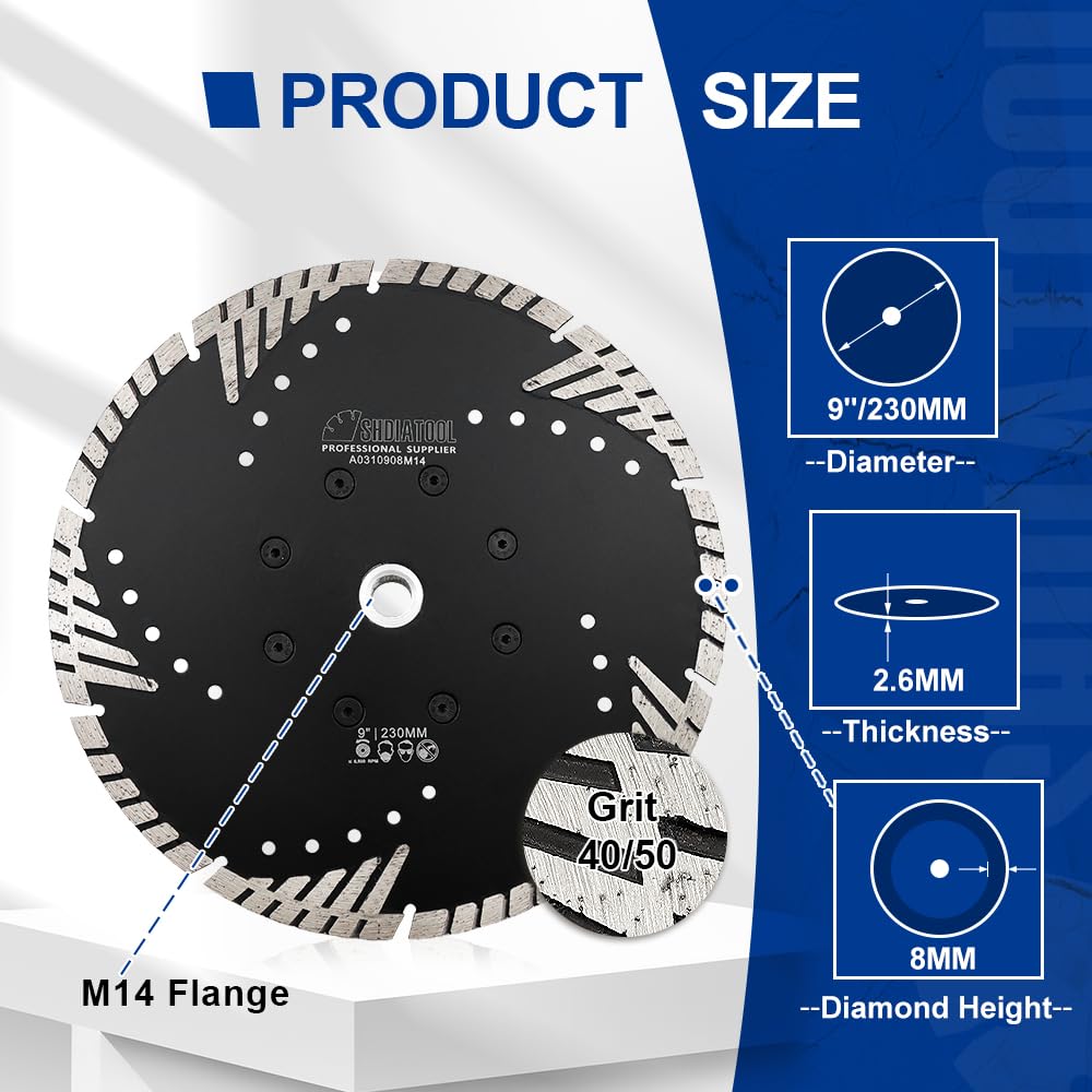 SHDIATOOL 230mm Diamond Cutting Disc with Turbo Sloped Protection Teeth for Concrete Brick Tile Granite Marble Masonry