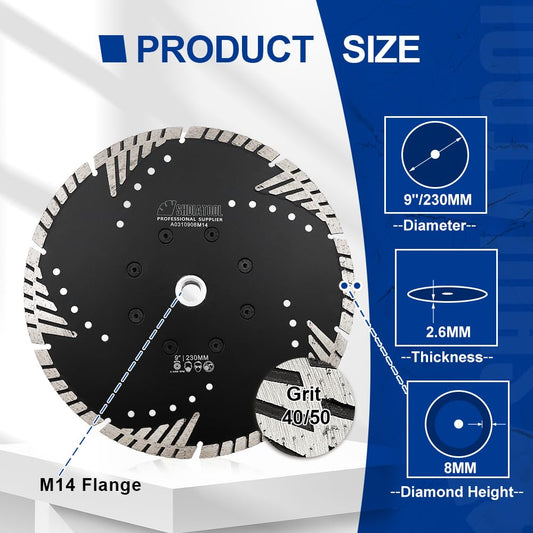 SHDIATOOL 230mm Diamond Cutting Disc with Turbo Sloped Protection Teeth for Concrete Brick Tile Granite Marble Masonry