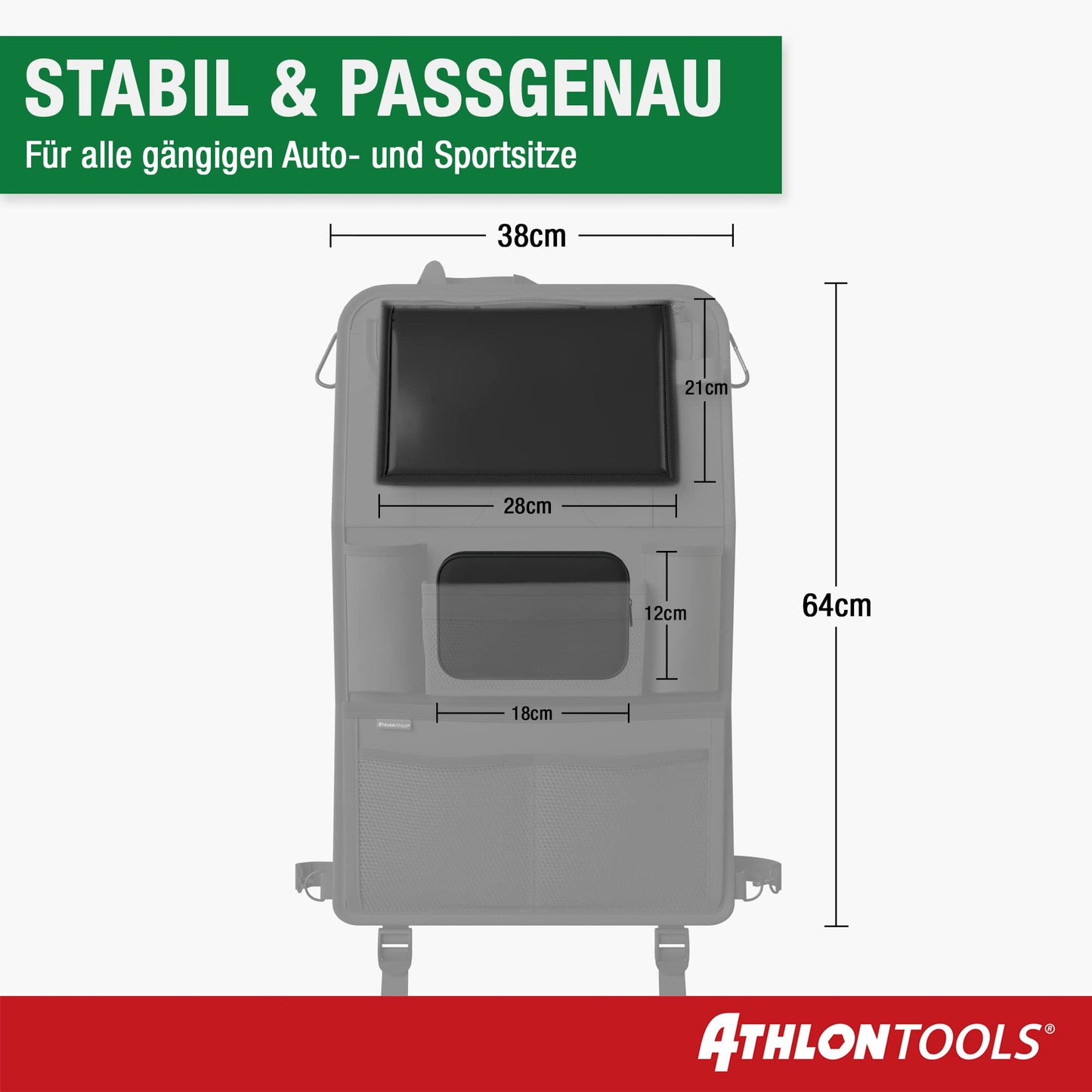 ATHLON TOOLS The most stable car seat organizer - Reinforced back panel - Food-safe - with integrated tablet holder - with extra pen pocket - for business and children - Designed in Hamburg