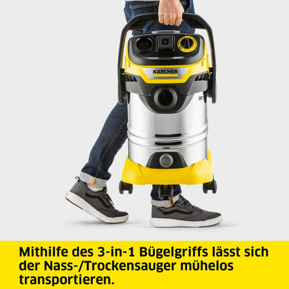 Kärcher wet/dry vacuum WD 6 P S V-30/6/22/T, incl. power outlet, flat pleated filter, patented filter box, filter cleaning, 1,300 W, stainless steel container: 30 l & drain plug, suction hose: 2.2 m