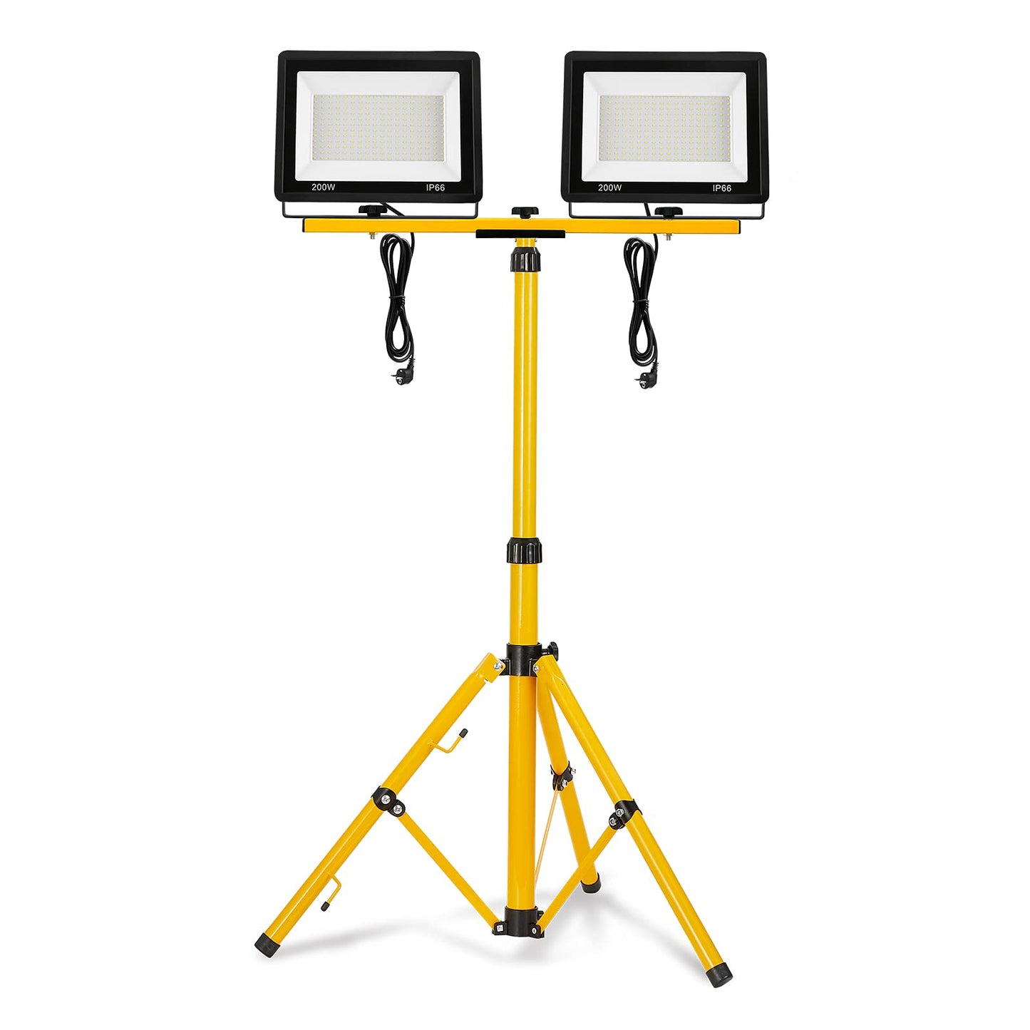 VA-Cerulean 2x 200W Warm White LED construction lights with tripod, floodlights for indoor and outdoor use with 3m power cable, IP66 waterproof work lights, yellow telescopic tripod, for construction sites, garage, garden.