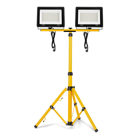 VA-Cerulean 2x 200W Warm White LED construction lights with tripod, floodlights for indoor and outdoor use with 3m power cable, IP66 waterproof work lights, yellow telescopic tripod, for construction sites, garage, garden.