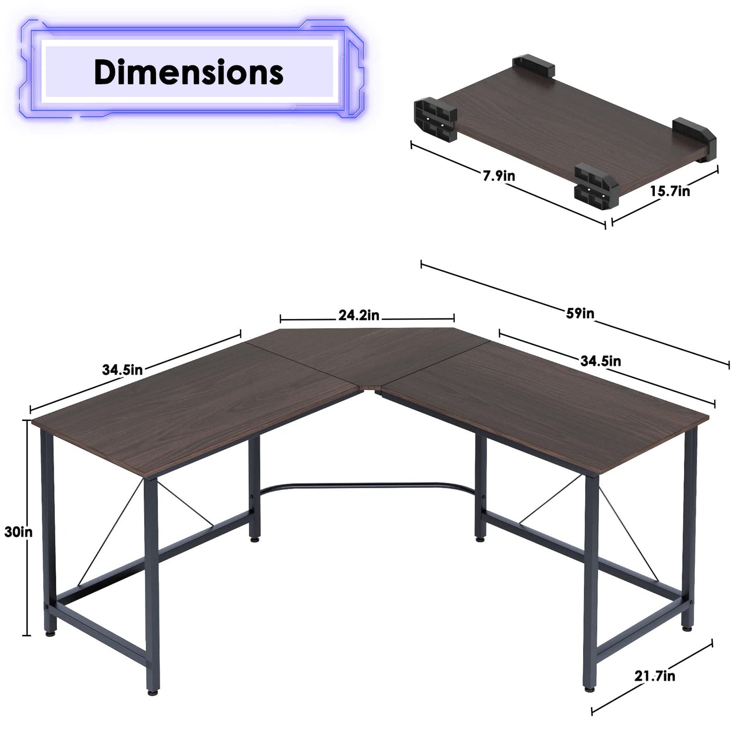 Corner desk computer desk gaming table with L-shape corner desk large gaming desk office desk corner table work desk PC laptop study table, 150 cm + 150 cm, Dark Brown