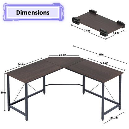 Corner desk computer desk gaming table with L-shape corner desk large gaming desk office desk corner table work desk PC laptop study table, 150 cm + 150 cm, Dark Brown