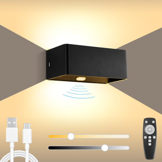 Wireless battery wall light with motion sensor, USB-C rechargeable battery wall lamp with timing function, 6W LED dimmable wall light with remote control, indoor wall lighting with switch, black.