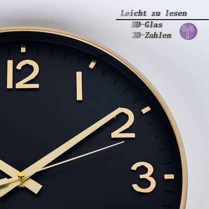 HZDHCLH Funk Wall Clock 30 cm Silent Wall Clock Without Ticking, Modern Battery Operated Clock for Home, Kitchen, Living Room, Office, Wall Decoration (Black Gold)