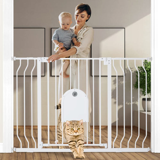 COMOMY Stair Gate/Door Gate Without Drilling, 75-123cm Automatic Closing Dog Gate with Cat Door, Sturdy Baby Safety Gate/Stair Gate, Ideal for Kids and Pets, White