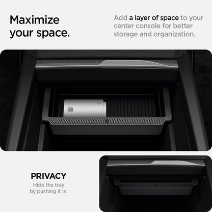 Spigen Tesla Model Y 2025 Juniper Model 3 Highland 2024 2025 Center Console Organizer with Smooth Slide Technology. Storage box armrest tray accessory for Model Y Juniper and 3 Highland - Carbon.