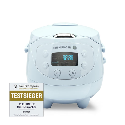 REISHUNGER Digital Rice Cooker small, light blue | 0.6 L for 3 people | Keep warm function, timer & premium pot | Small multicooker & steamer, 8 programs, 7-phase technology