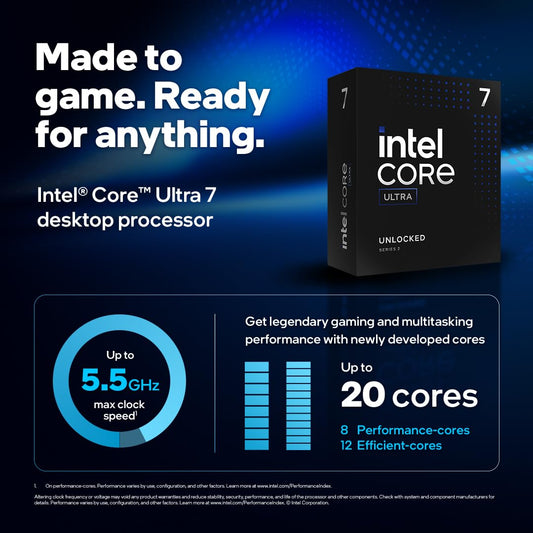 Intel® Core™ Ultra 7 Desktop Processor 265K with 20 cores (8 P-cores + 12 E-cores) running at speeds up to 5.5 GHz.