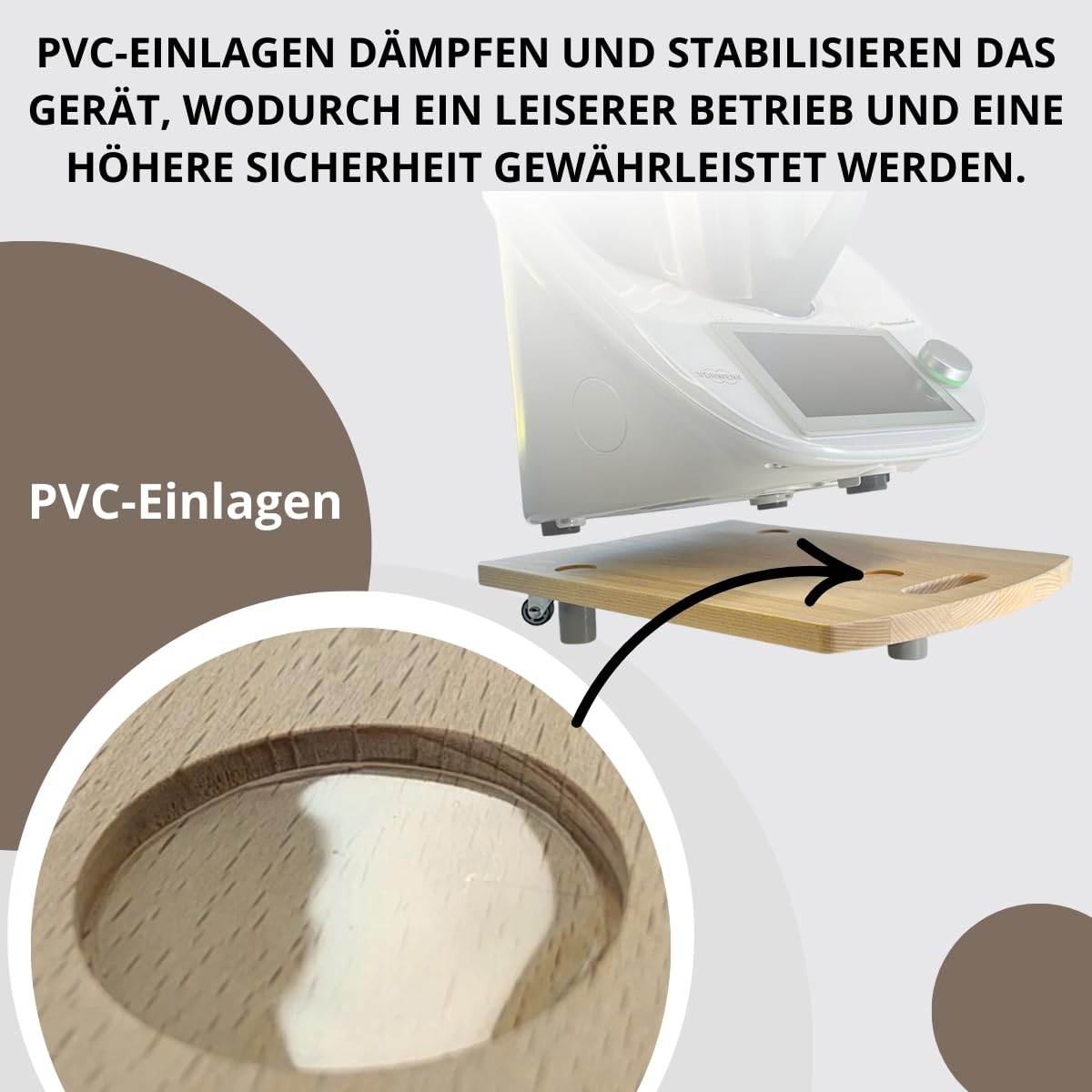 STAFECO Premium Wood Slide Board for Thermomix TM6 TM5 - Stable and stylish base with swiveling wheels, vibration damping, and worktop protection (natural wood)