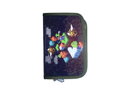 School backpack set for boys in 1st grade, 7 pieces: backpack, satchel, school bag, pencil case, gym bag, lunch box, water bottle, sports bag, rain cover. Game pixel design pencil case included.