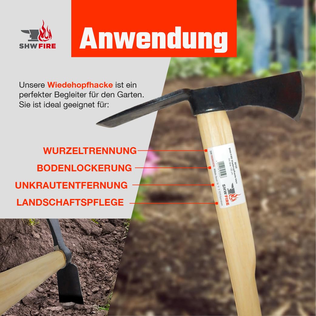 SHW-FIRE | Small woodpecker hoe with wide blade, hand-forged special steel, 135 cm ash wood handle, garden hoe as garden tool & root remover - Hoe with handle | Made in Germany