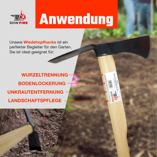 SHW-FIRE | Small woodpecker hoe with wide blade, hand-forged special steel, 135 cm ash wood handle, garden hoe as garden tool & root remover - Hoe with handle | Made in Germany
