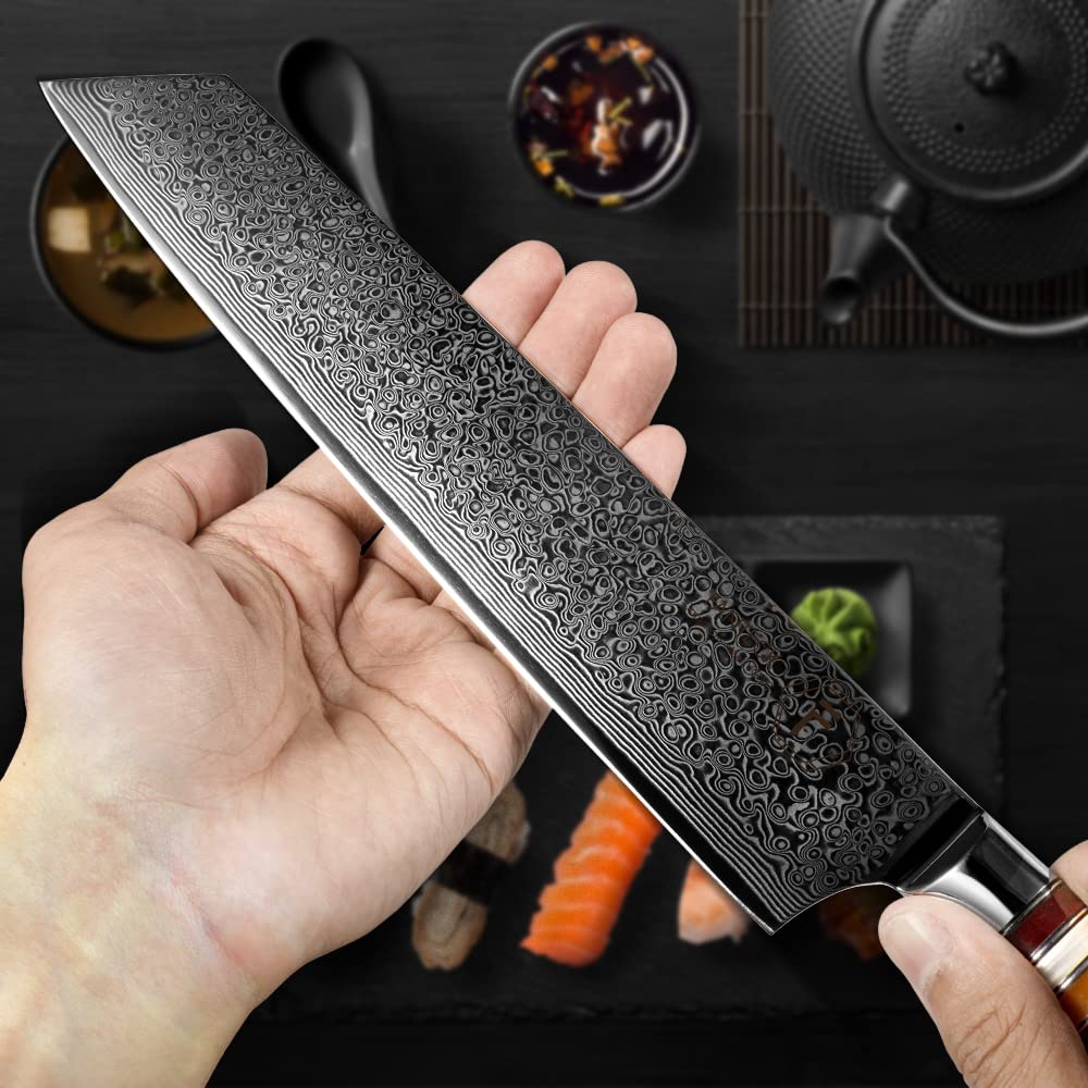 FANTECK 24cm Kiritsuke Damascus Knife Chef Knife Sharp Professional Chefmade Meat Fruit Gyuto Utility Knife 67 Layers VG-10 Damascus Steel Kitchen Knife [Gift Box] with Ergonomic Pakkawood Handle