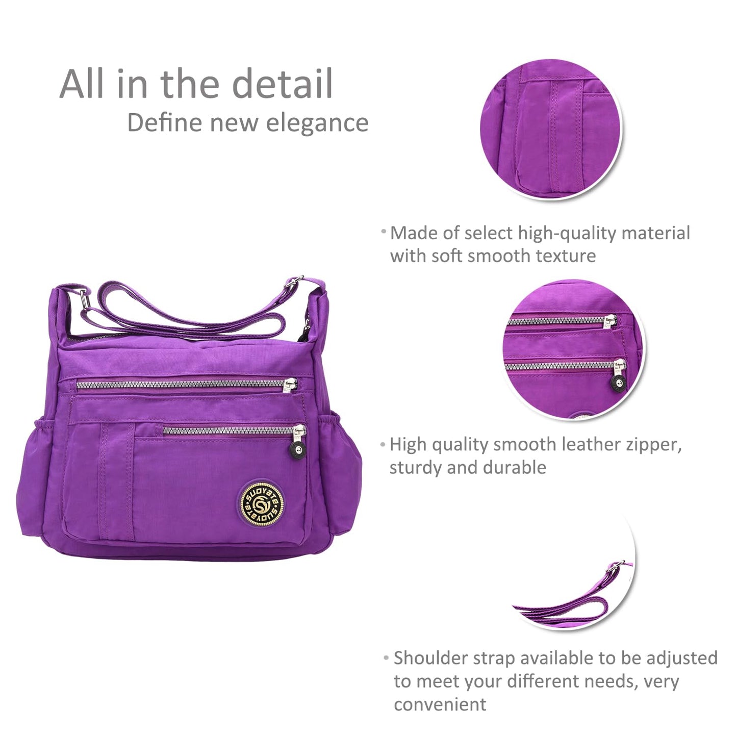 NICOLE & DORIS Women's Shoulder Bag Casual Crossbody Messenger Bag Nylon Dark Purple with Multiple Pockets Zipper Bag