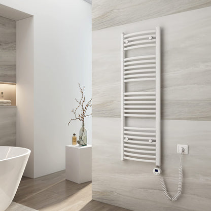 EMKE electric towel radiator 120x40 cm, Curved bathroom heater electric with thermostat, Towel dryer towel warmer with timer White 500 Watt