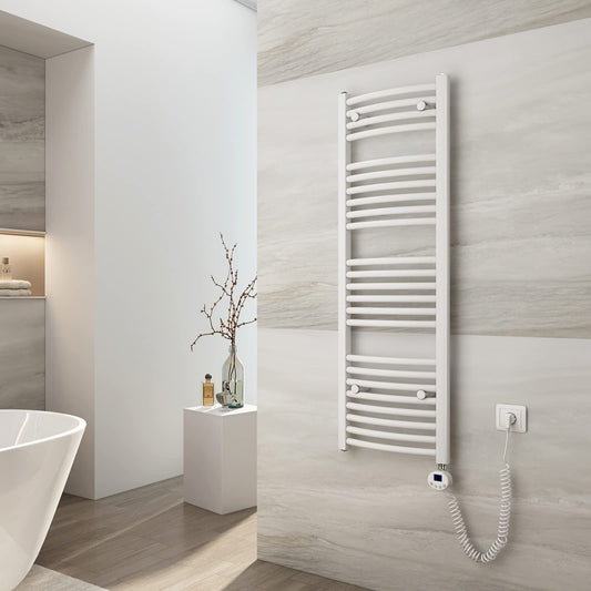 EMKE electric towel radiator 120x40 cm, Curved bathroom heater electric with thermostat, Towel dryer towel warmer with timer White 500 Watt