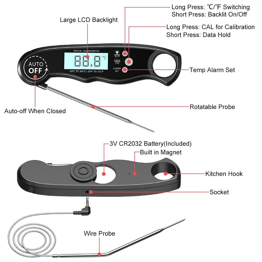 CIRYCASE Digital Meat Thermometer, Instant Read Roasting Thermometer Grill Thermometer, External Probe with 2 Long Probes & Magnet, Alarm Function, Kitchen Thermometer for BBQ, Oven.