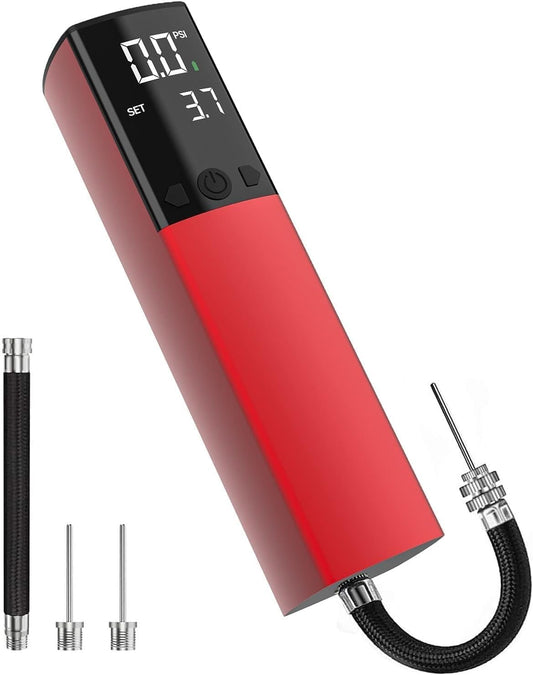Electric ball pump, Smart air pump, Portable, Quick inflation of ball with precise gauge and digital LCD display for soccer, basketball (2 needles and 1 nozzle) Red.