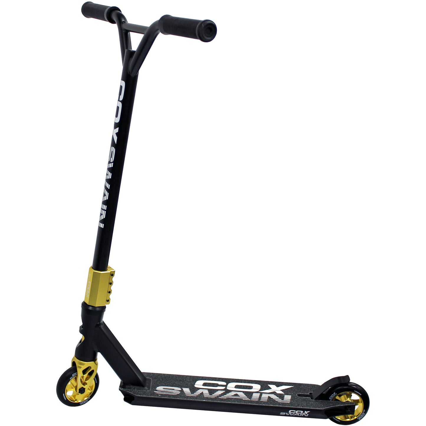 Cox Swain Stunt Scooter X-385, SCS compression, CNC fork, 100mm PU/aluminum wheels, ABEC 9, for kids + adults, beginners + pros, super stable - black/gold