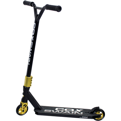 Cox Swain Stunt Scooter X-385, SCS compression, CNC fork, 100mm PU/aluminum wheels, ABEC 9, for kids + adults, beginners + pros, super stable - black/gold