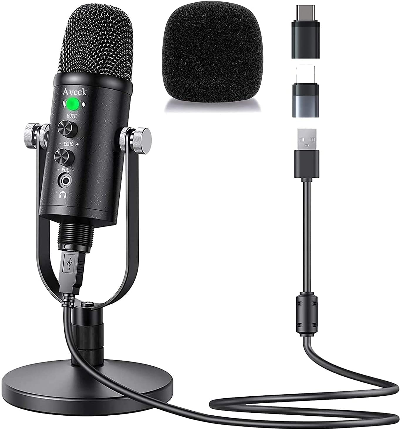 Aveek USB microphone for PC and phone, condenser mic with stable stand and noise reduction for computer laptop for podcast, studio, streaming, broadcast, YouTube.