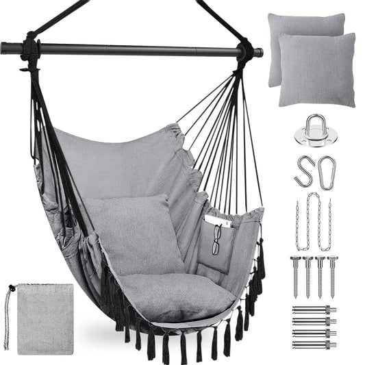 Outdoor & indoor hanging swing chair with 2 pillows & bag, XXL hanging chair for kids & adults up to 330 lbs, hammock swing for living room, bedroom, garden, terrace.