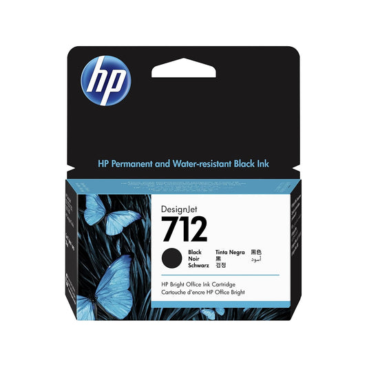 HP 712 Black 38 ml Original Ink Cartridge (3ED70A) with HP original ink, for DesignJet T650, T630, T250, T230 & Studio series large format printers, also compatible with HP 713 DesignJet printhead.