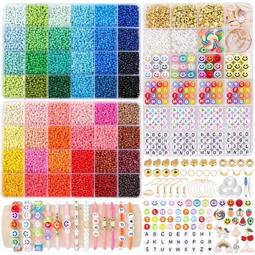 RUBY 3mm beads for making bracelets Beads for stringing with letter beads and smiley face beads DIY glass bead set for Christmas holidays birthdays rewards (48 colors)